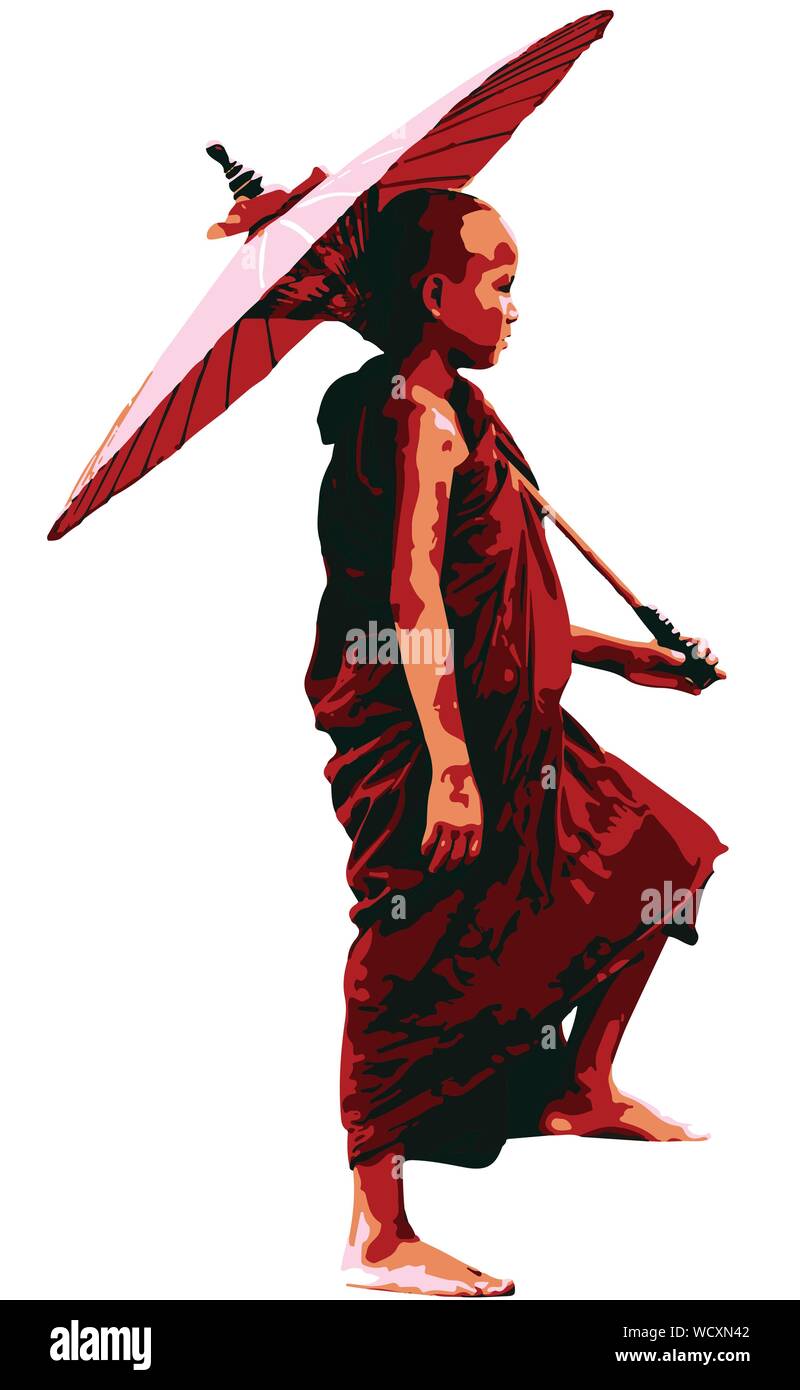 Young Buddhist Monk Carrying Umbrella Stock Vector