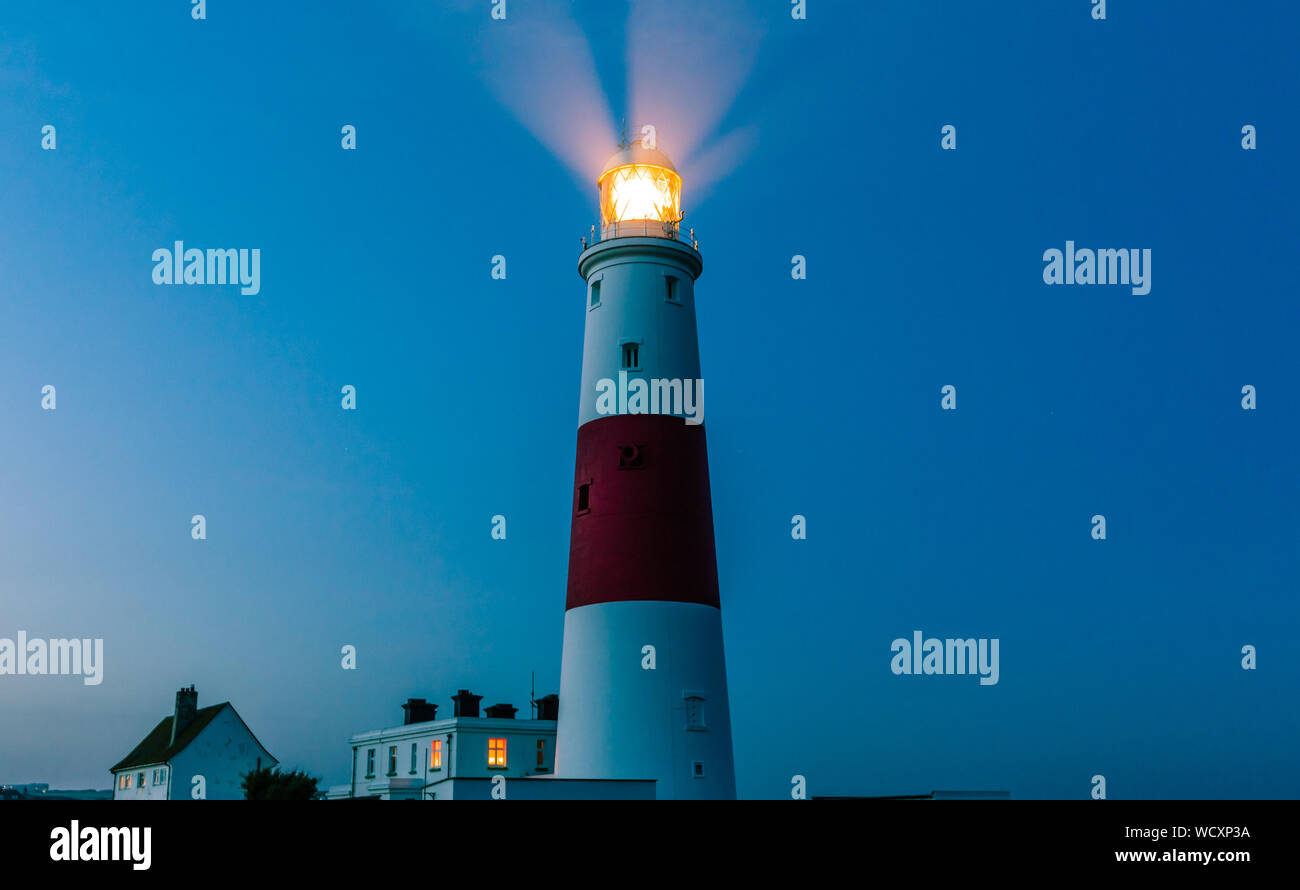 Portland Bill lighthouse in summer night, Isle of Portland, Dorset coast, England, UK Stock Photo