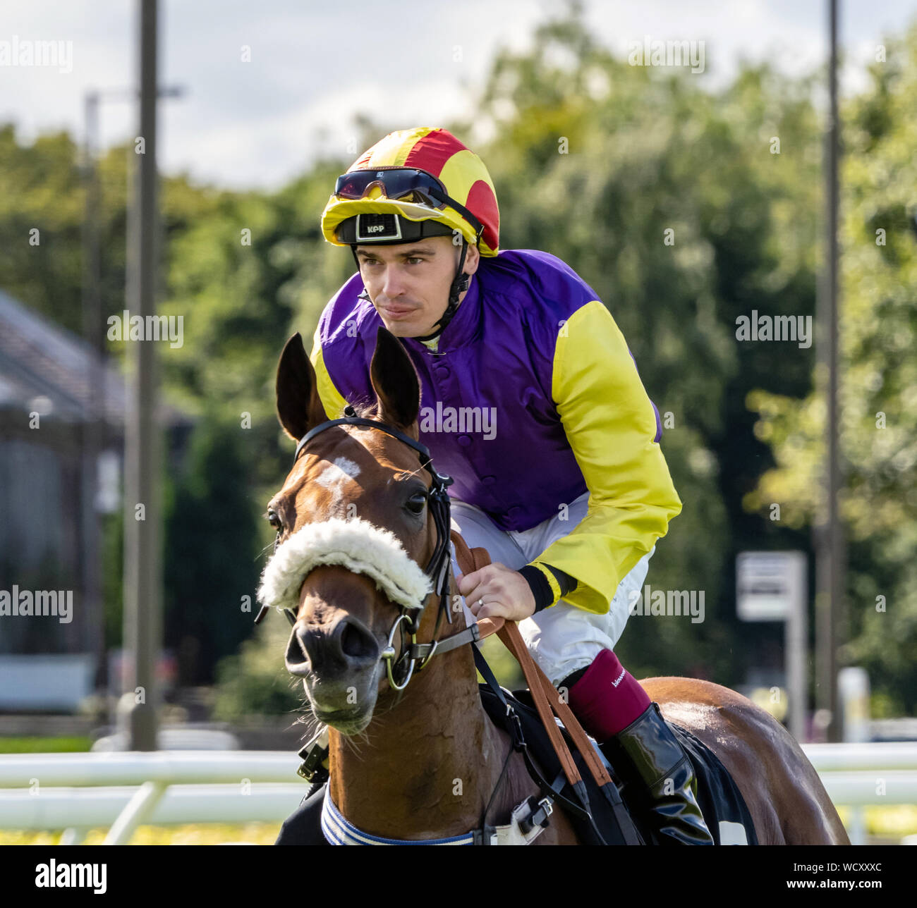 Jockey Andrew Mullen on Laoise before the start of the 'Catherine And Charlotte Roache Handicap', Musselburgh Racecourse, 28th August 2019 Stock Photo