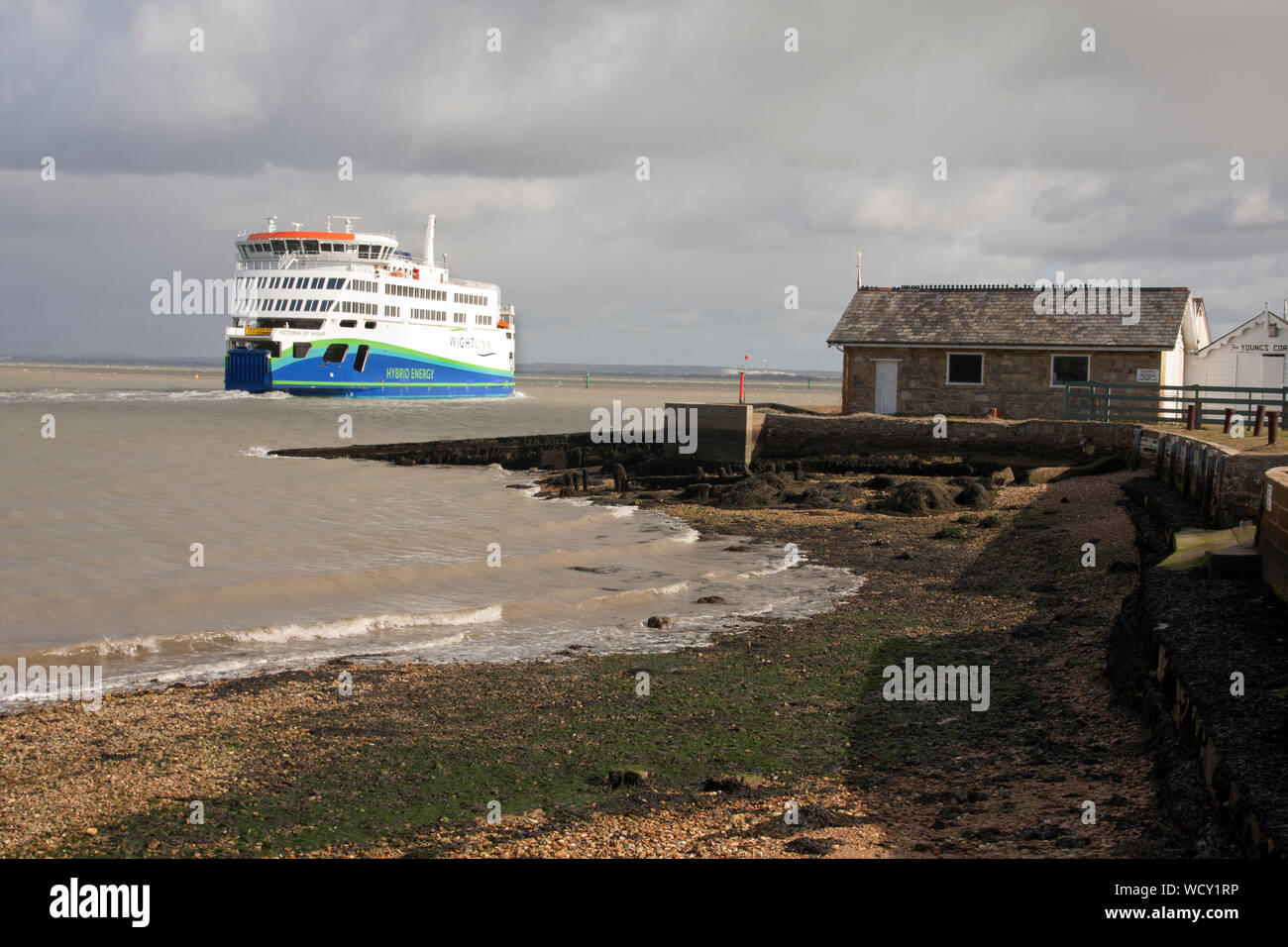 Isle of Wight Wightlink ferry sailing out from Fishbourne towards Portsmouth across the Solent Stock Photo