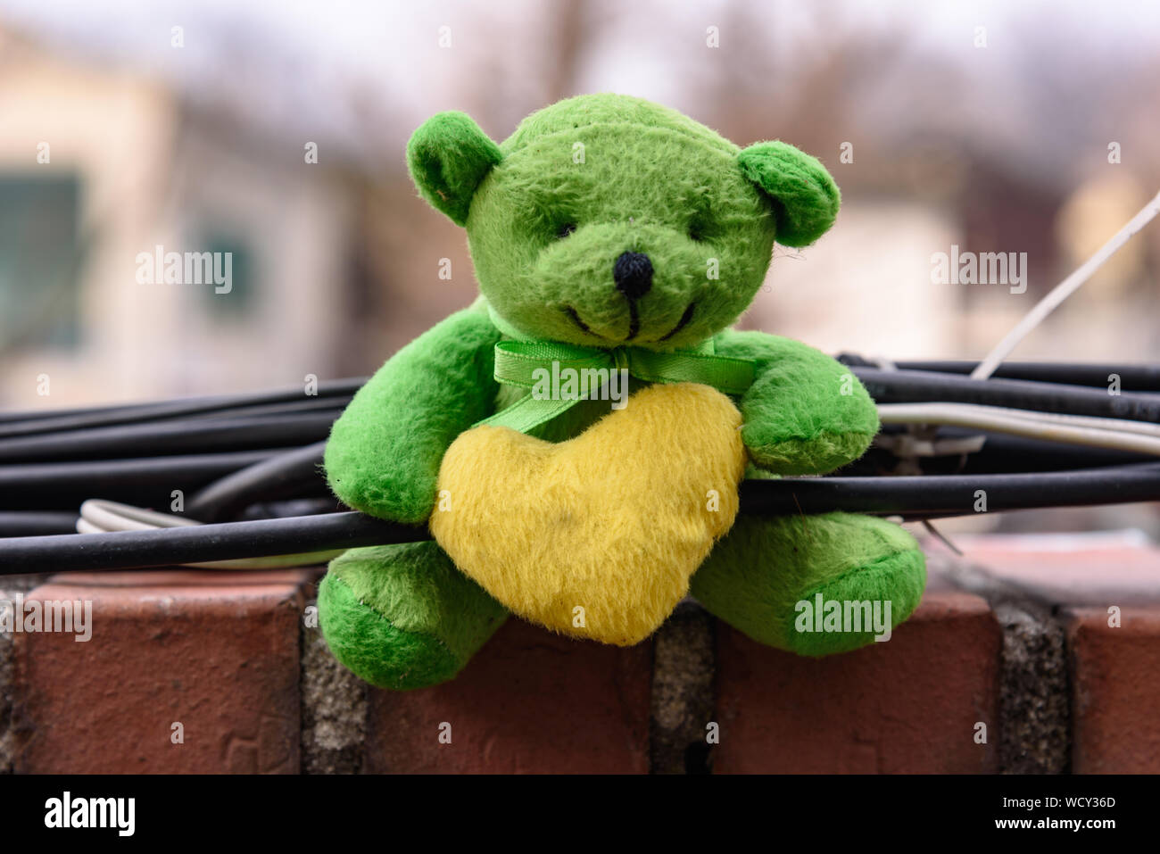 Close-up Of Green Teddy Bear With Yellow Heart Shape Amidst Cables On Brick Wall Stock Photo