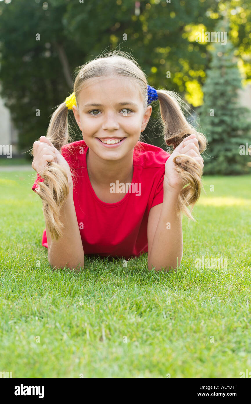 Have Fun Girl Cute Kid Laying Green Grass Healthy Emotional