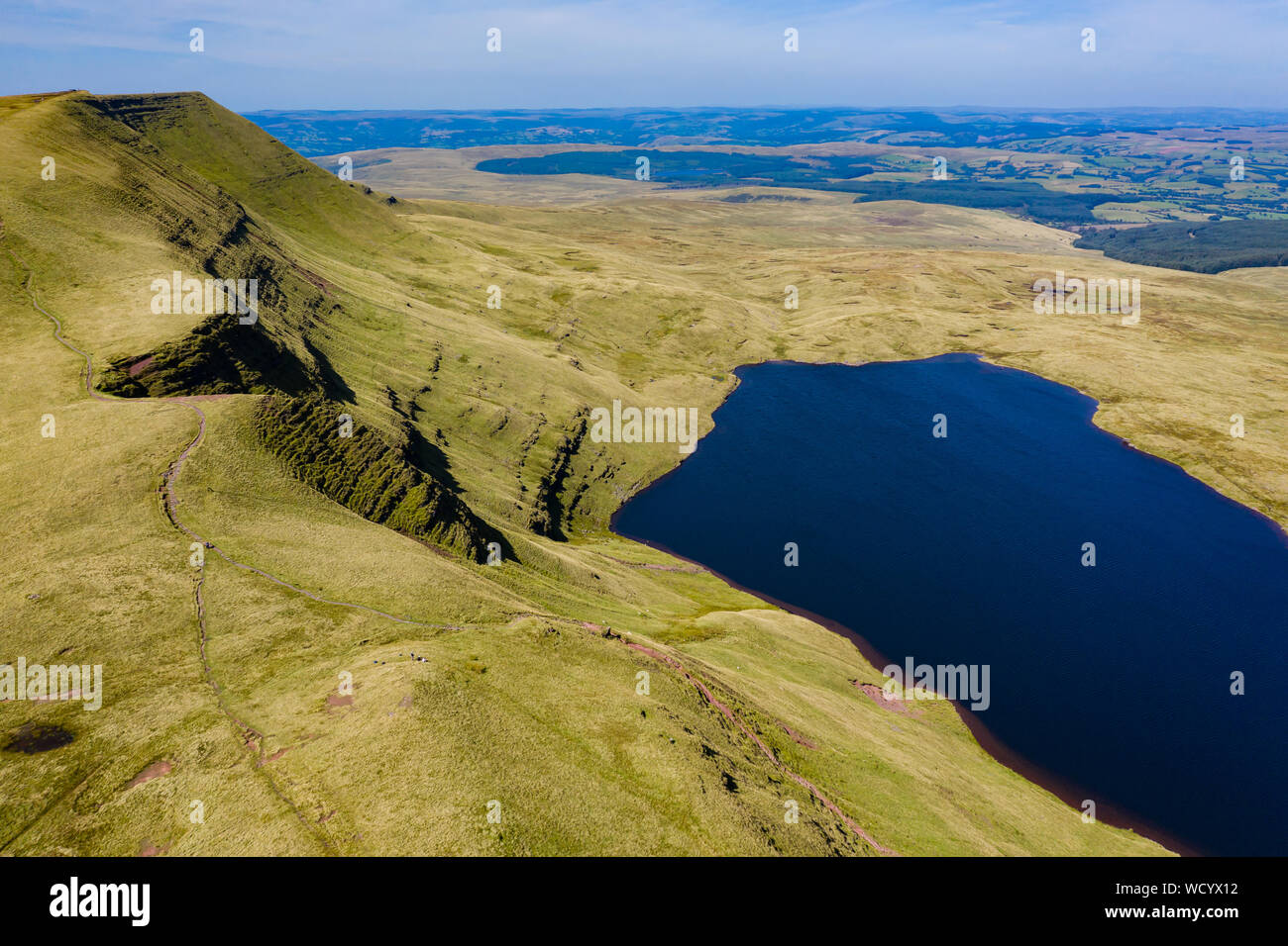 Aerial drone view of Fan Hir and lake in the Brecon Beacons, South Wales, UK Stock Photo