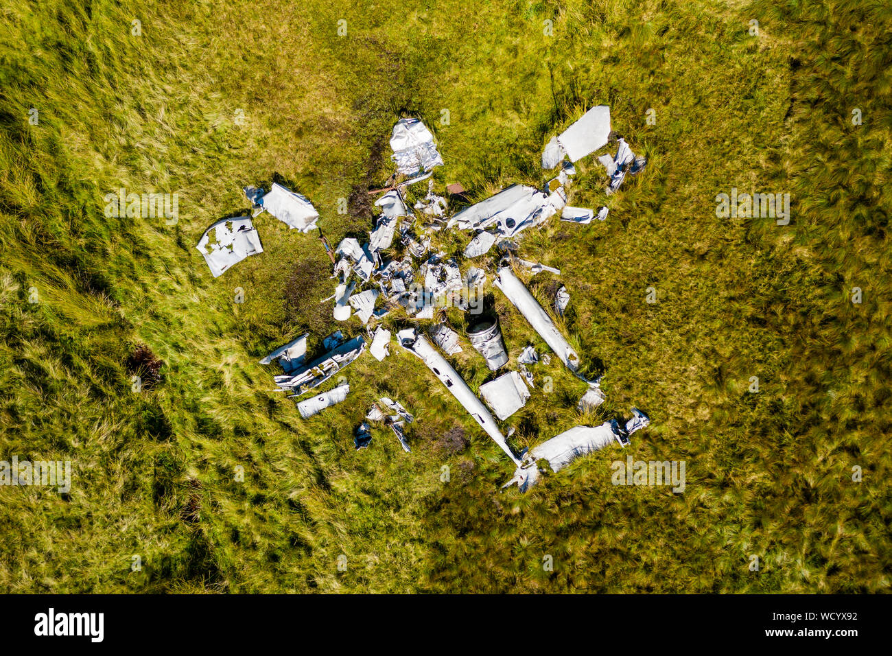 Aerial drone view of an old aircraft (Vampire) wreck on the slopes of Fan Hir in the Brecon Beacons, Wales Stock Photo