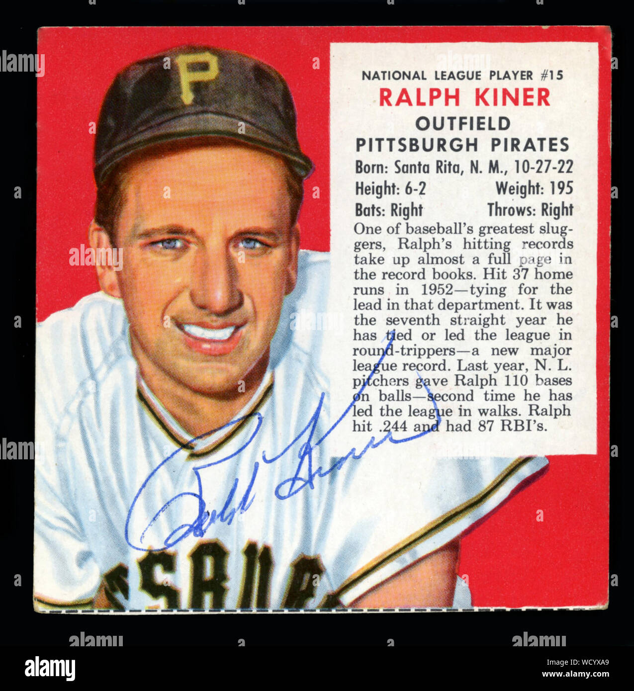 Vintage autographed Red Man Tobacco card  of Ralph Kiner who was a hall of  fame baseball player with the Pittsburgh Pirates in the 1940s and 50s. Stock Photo