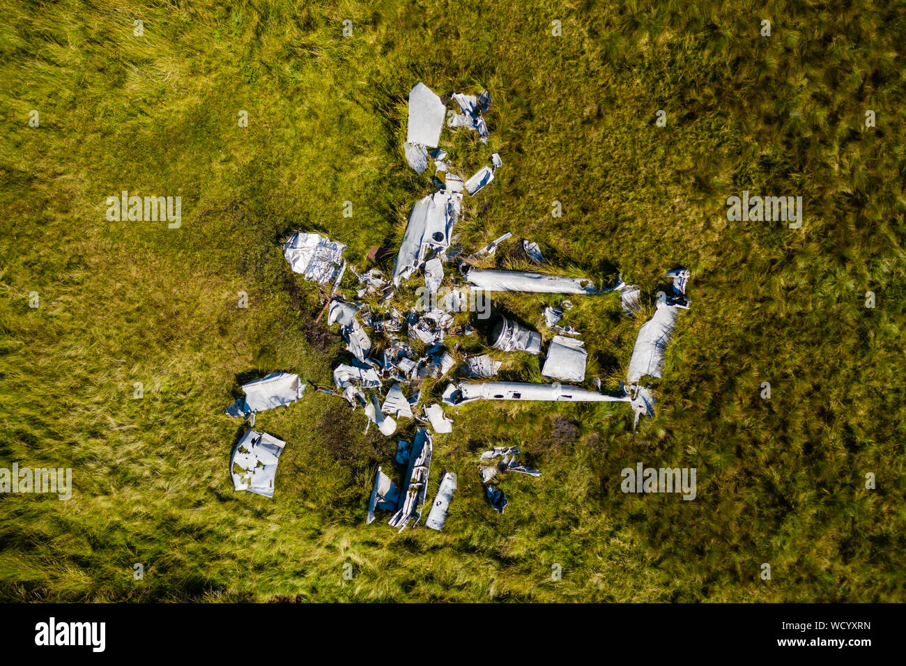 Top-down aerial view of an old aircraft crash site (Vampire Jet) in the Brecon Beacons Stock Photo