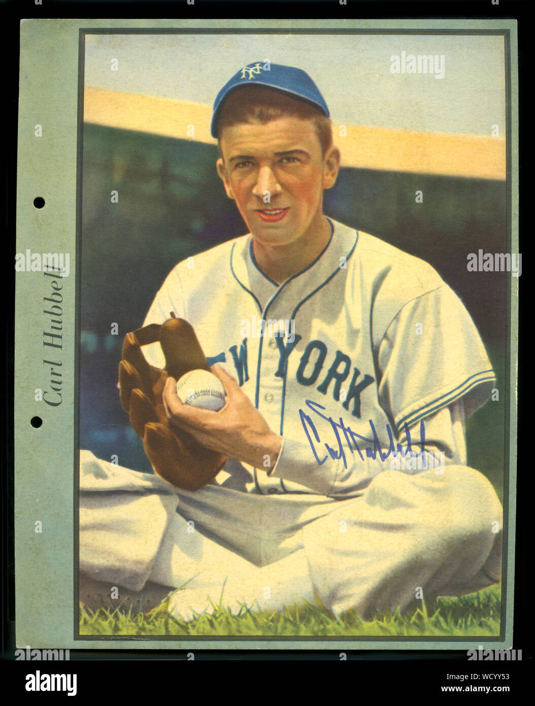 Vintage autographed  color portrait of Hall of Fame baseball player Carl Hubbell with the New York Giants circa 1930s. Stock Photo