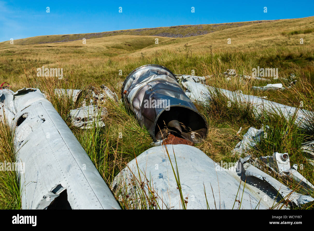 Old wreckage from a 1950s aircraft crash on a Welsh mountain hillside Stock Photo