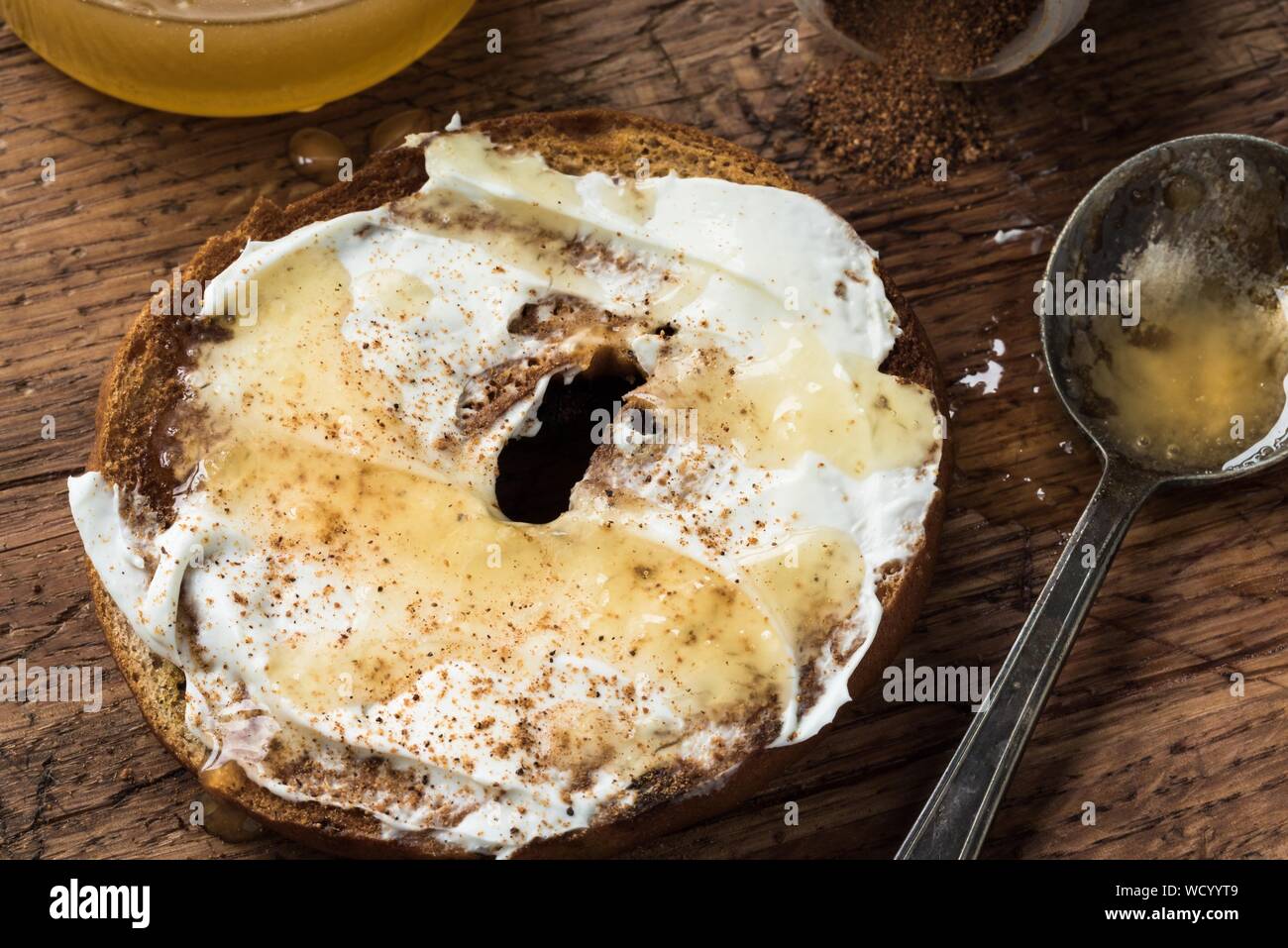 High Angle View Of Bagel On Table Stock Photo