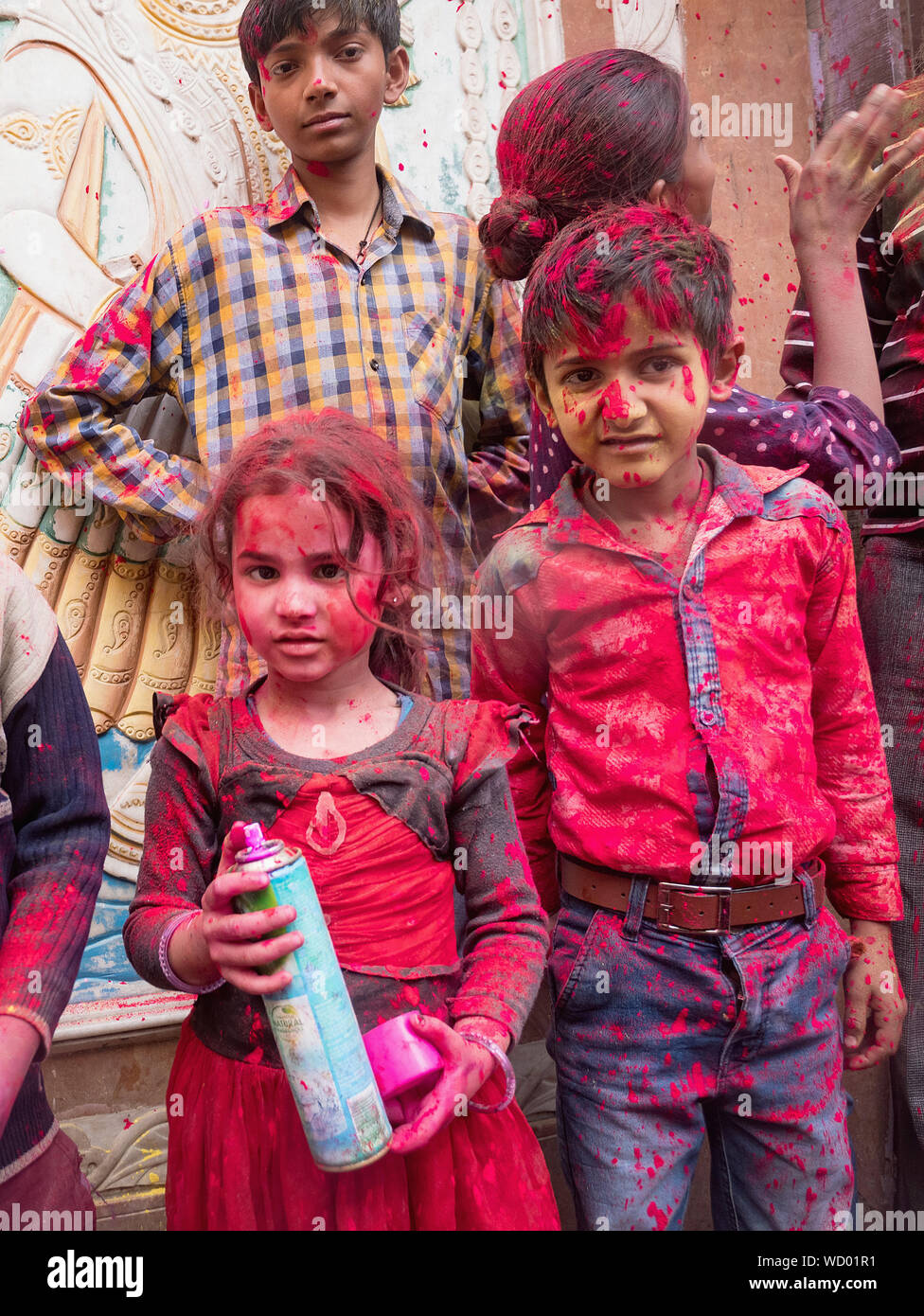 Local Children Celebrating Holi Holiday, Mathura, Uttar Pradesh, India