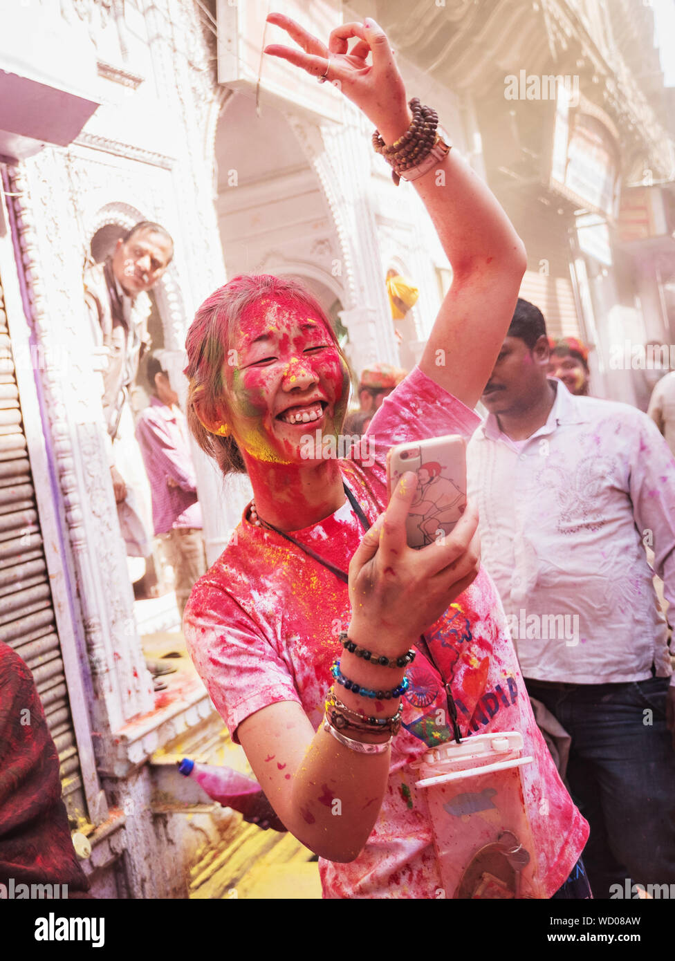 Tourist Celebrating Holi Holiday Mathura Uttar Pradesh India Asia Tourist Celebrating Holi Holiday Mathura Uttar Pradesh India Asia
