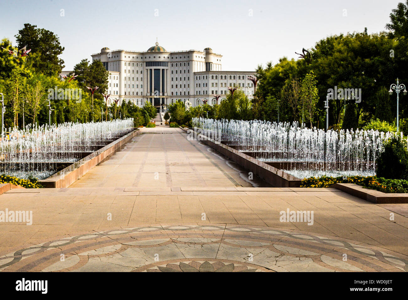 Opened in 2012, the National Library is the largest library in Central Asia. On nine floors, there should be room for many more books on the shelves. National Library in Rudaki-Park of Dushanbe, Tajikistan Stock Photo