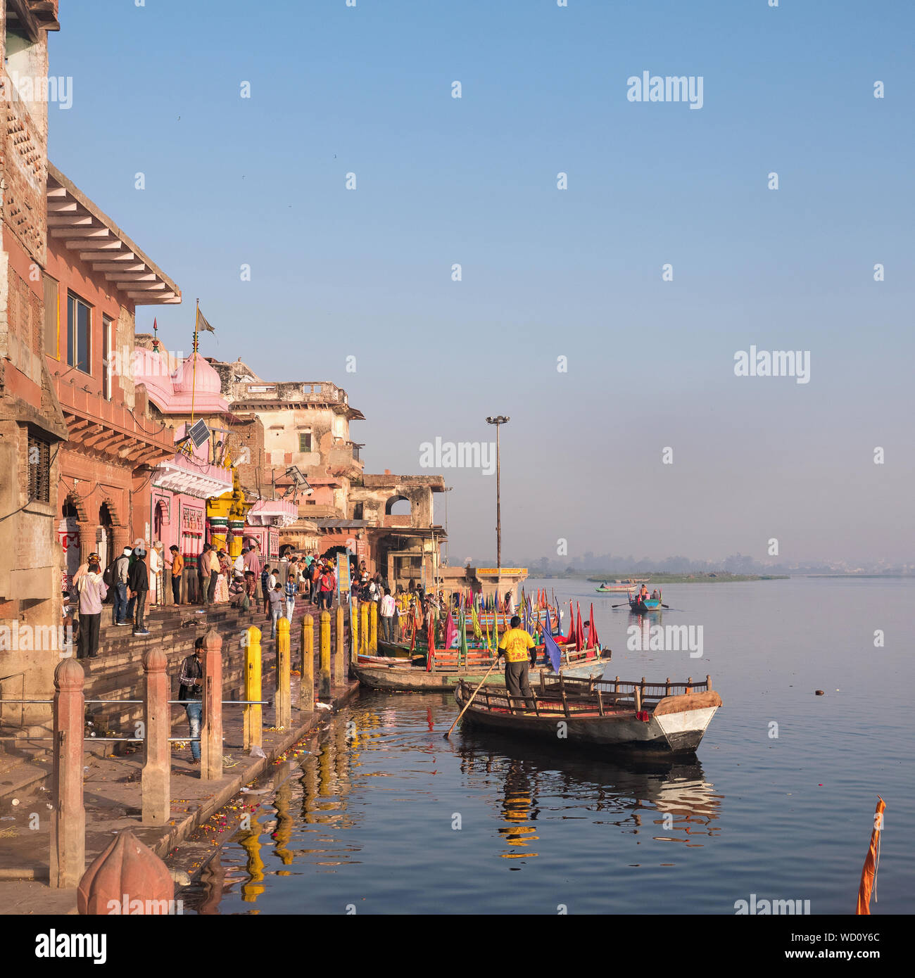 Ferry boats near the shore of the Yamuna River, Mathura, Uttar Pradesh