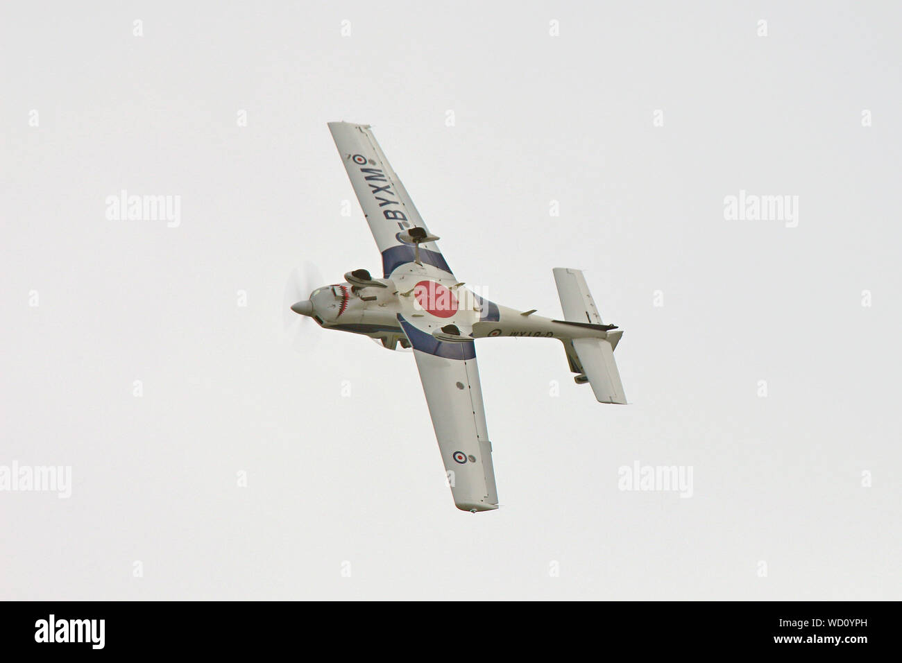 An R.A.F. Tutor (Grob 115E) rolls over onto its back as part of its display at Eastbourne's International Airshow, August 2019. Stock Photo