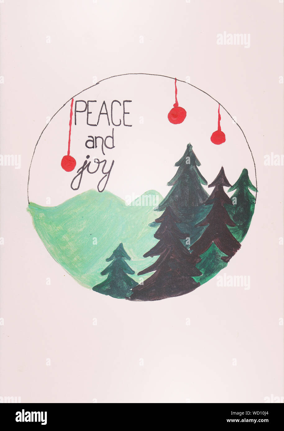 vintage postcard peace and joy slogan hand writen and drawn christmass and new year background design Stock Photo