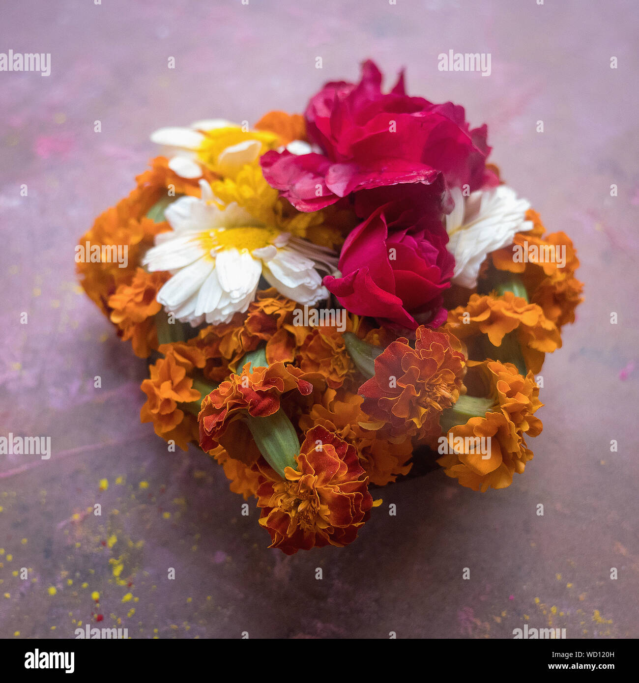 Puja flowers offering during Holi Celebration, Mathura, Uttar Pradesh, India, Asia Stock Photo