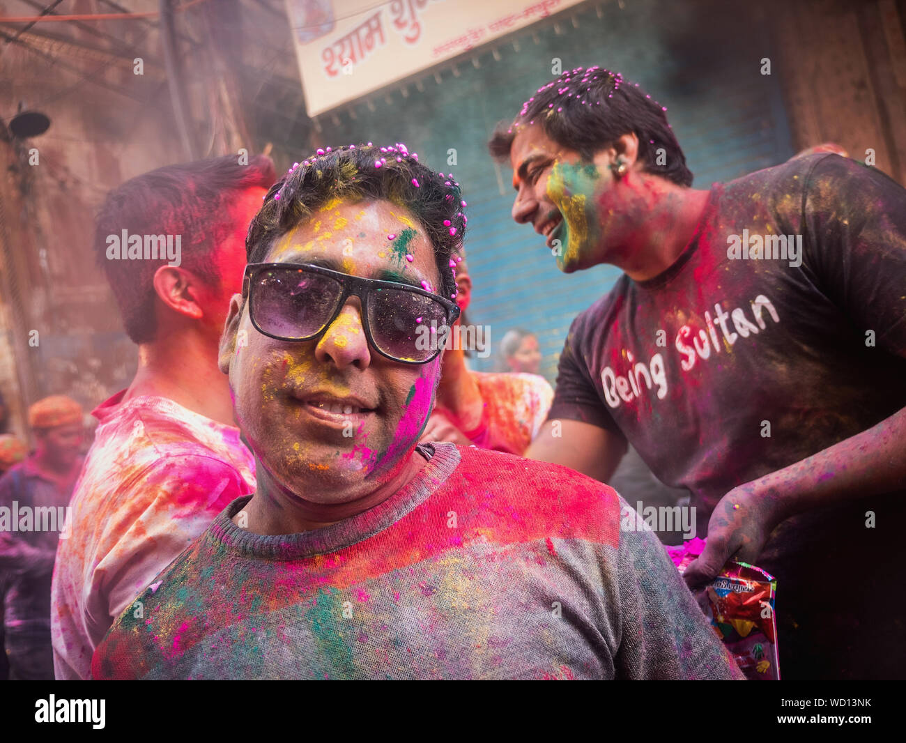 Locals Celebrating Holi Holiday, Mathura, Uttar Pradesh, India, Asia Stock Photo