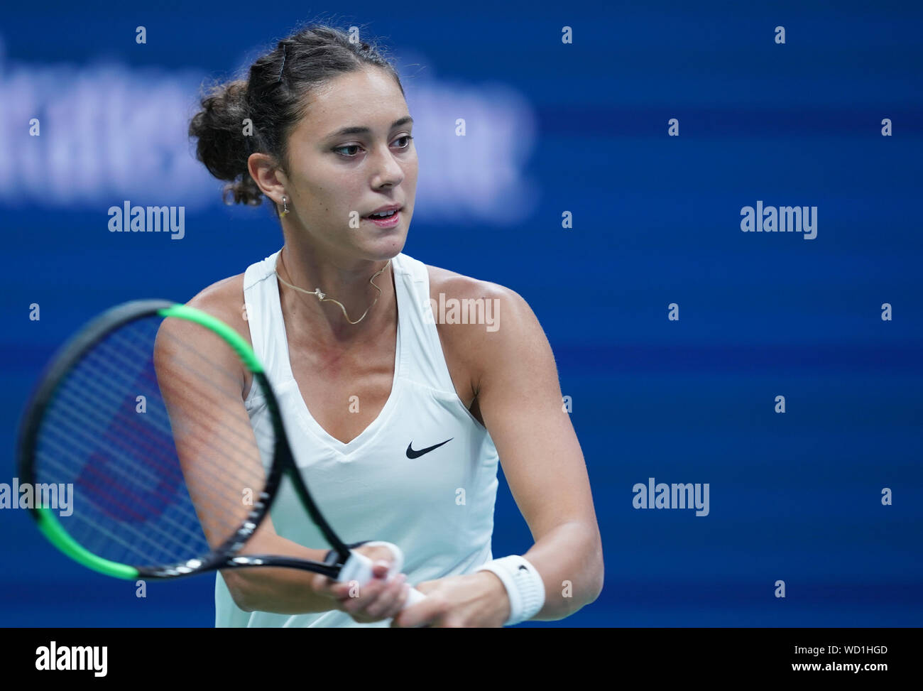 New York, USA. 28th Aug, 2019. Mariam Bolkvadze of Georgia hits a return  during the women's singles 2nd round match between Karolina Pliskova of the  Czech Republic and Mariam Bolkvadze of Georgia