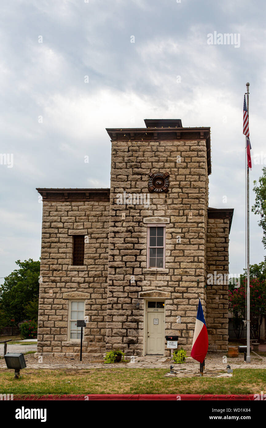 The Historic 1885 Hood County Jail in Granbury, Texas. Stock Photo