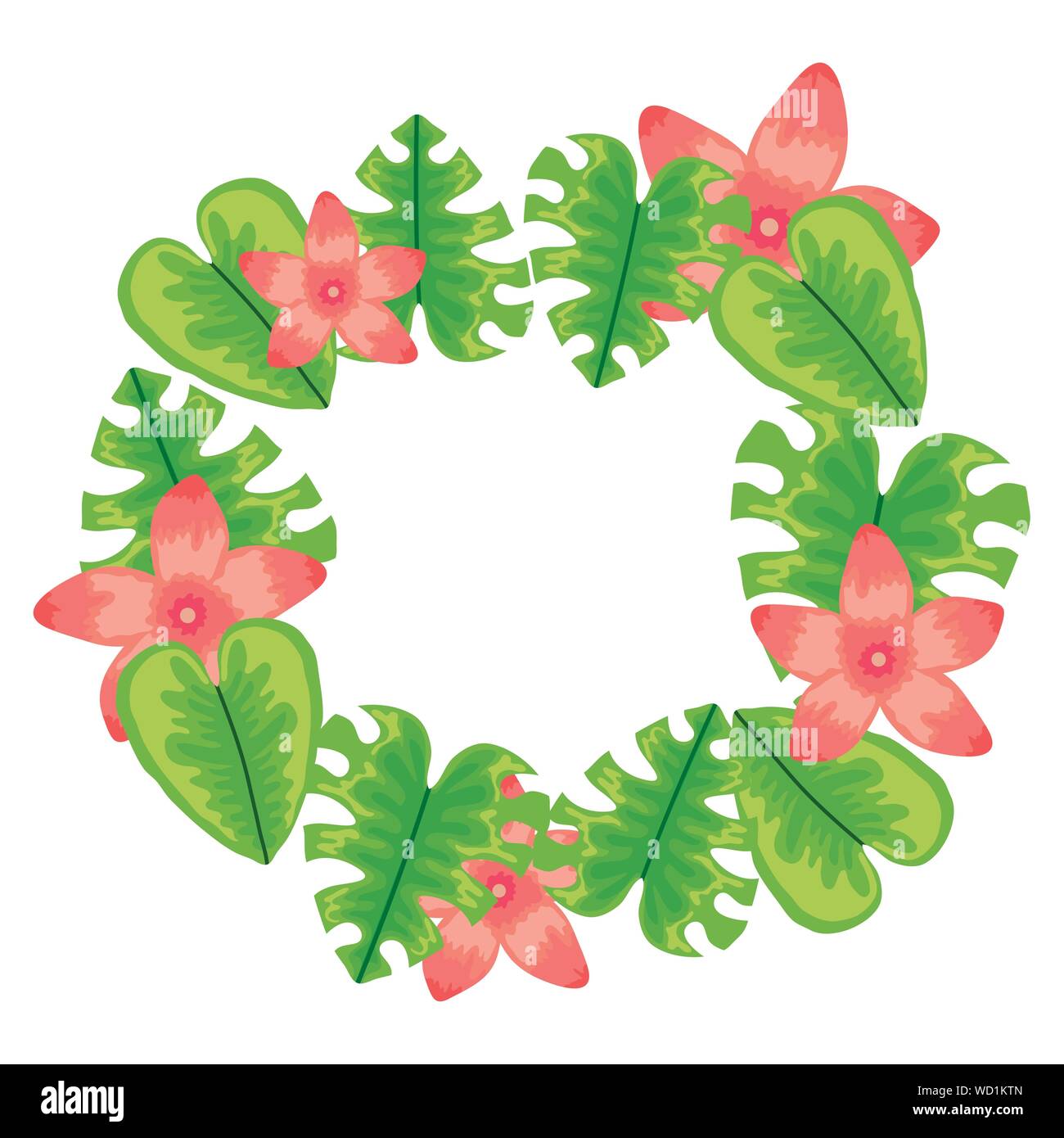 exotic and tropical flowers with leafs circular frame vector ...