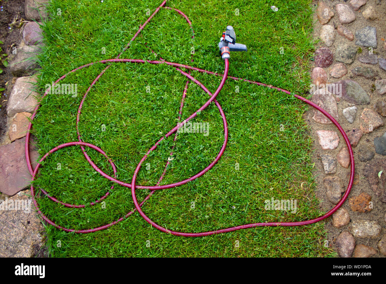 High Angle View Of Garden Hose On Grass Stock Photo Alamy