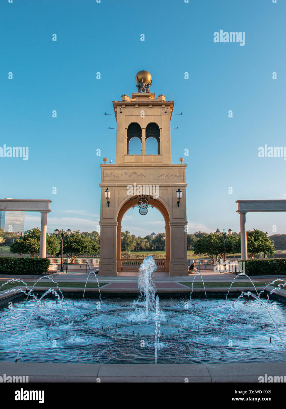 Cranes Roost tower and a European style-plaza with a fountain show in