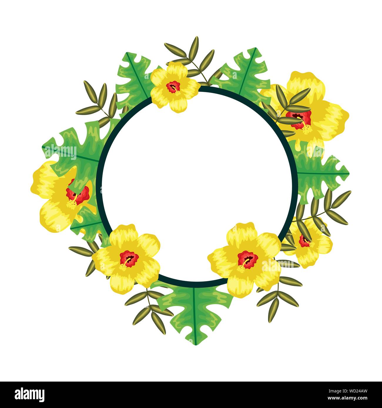 exotic and tropical flowers with leafs circular frame vector ...