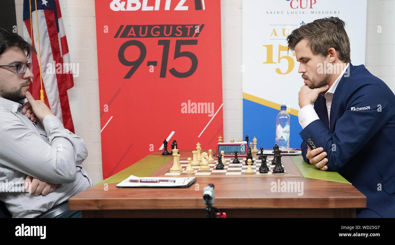 St. Louis, United States. 28th Aug, 2019. Chess Grand Master Magnus Carlsen of Norway, thinks about his move during the final round of play against Grand Master Maxime Vachier-Lagrave of France in the Sinquefield Cup tournament at the Saint Louis Chess Club in St. Louis on Wednesday, August 28, 2019.Carlsen defeated Vachier-Lagrave and will now face Grand Master Ding Liren of China for the championship on 8/29/2019. Photo by Bill Greenblatt/UPI Credit: UPI/Alamy Live News Stock Photo