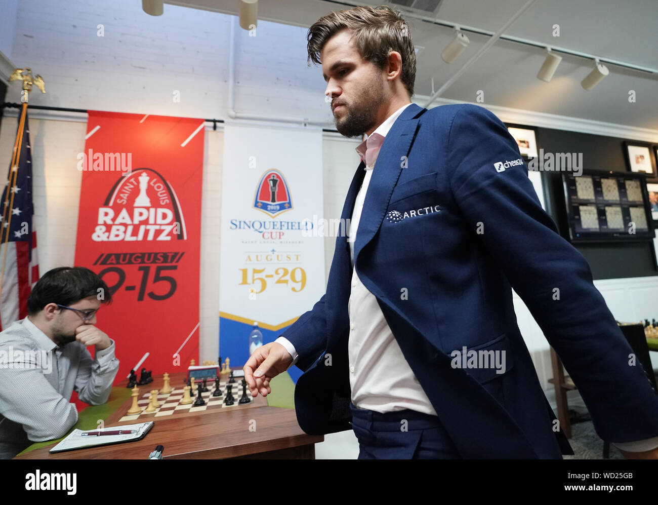 St. Louis, United States. 28th Aug, 2019. Chess Grand Master Magnus Carlsen  of Norway, makes a move during the final round of play against Grand Master  Maxime Vachier-Lagrave of France in the