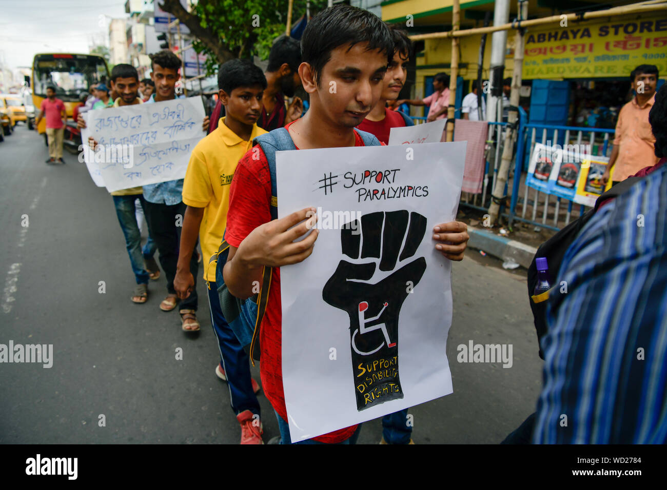 Indian disabled athletes hold placards during walk a rally to promote and  create awareness for the rights of athletes with disabilities. Every year  on the 28th of August Civilian Welfare Foundation (CWF)