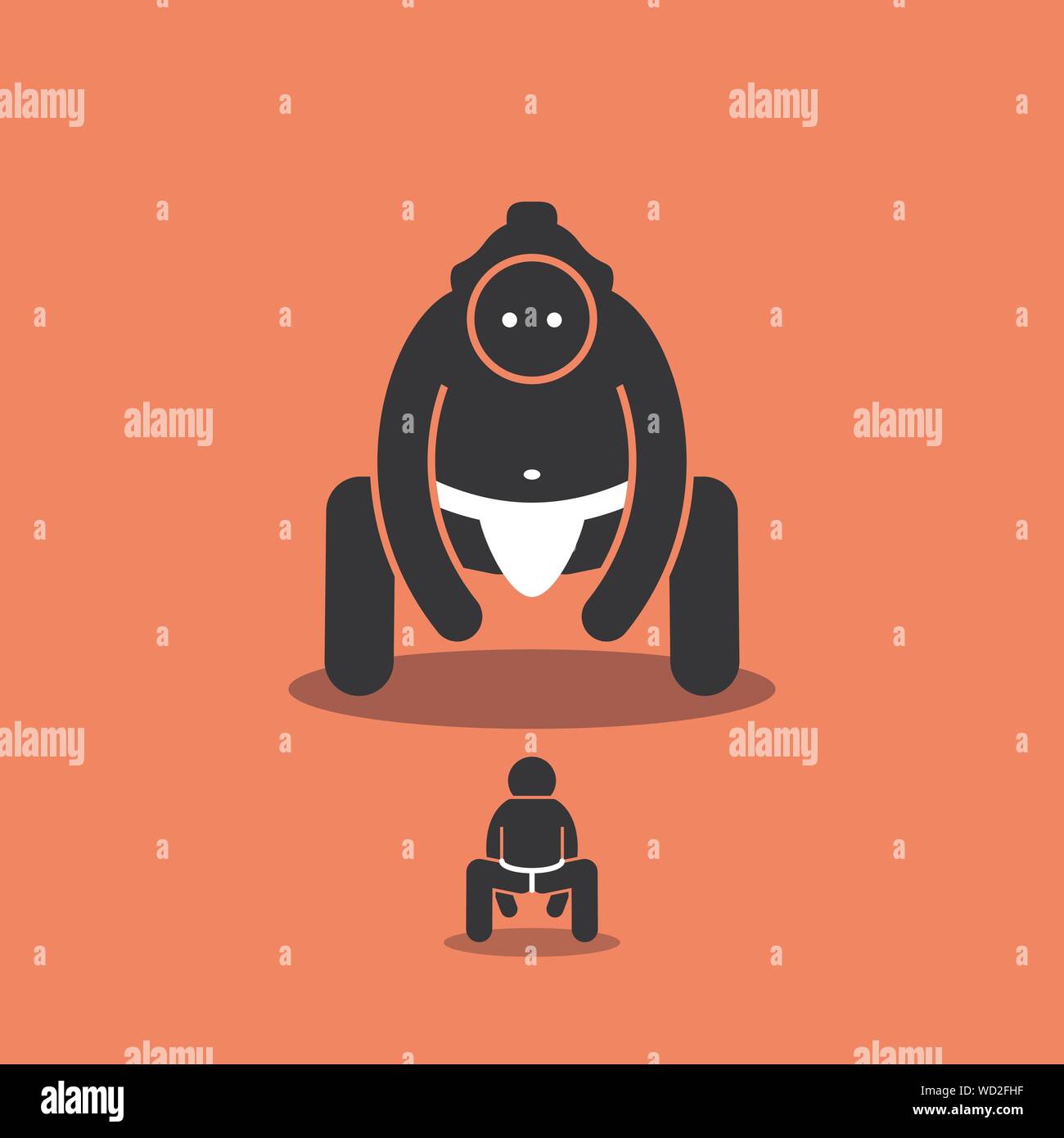 Tiny man vs big Japanese sumo fighter. Vector artwork depicts a small person ready to fight with a large giant sumo. Concept of challenge, boss fight, Stock Vector