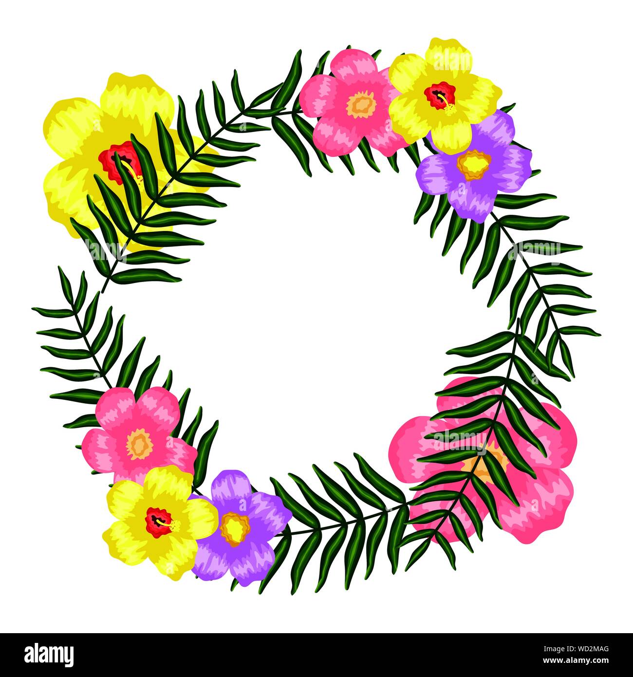 exotic and tropical flowers with leafs circular frame vector ...