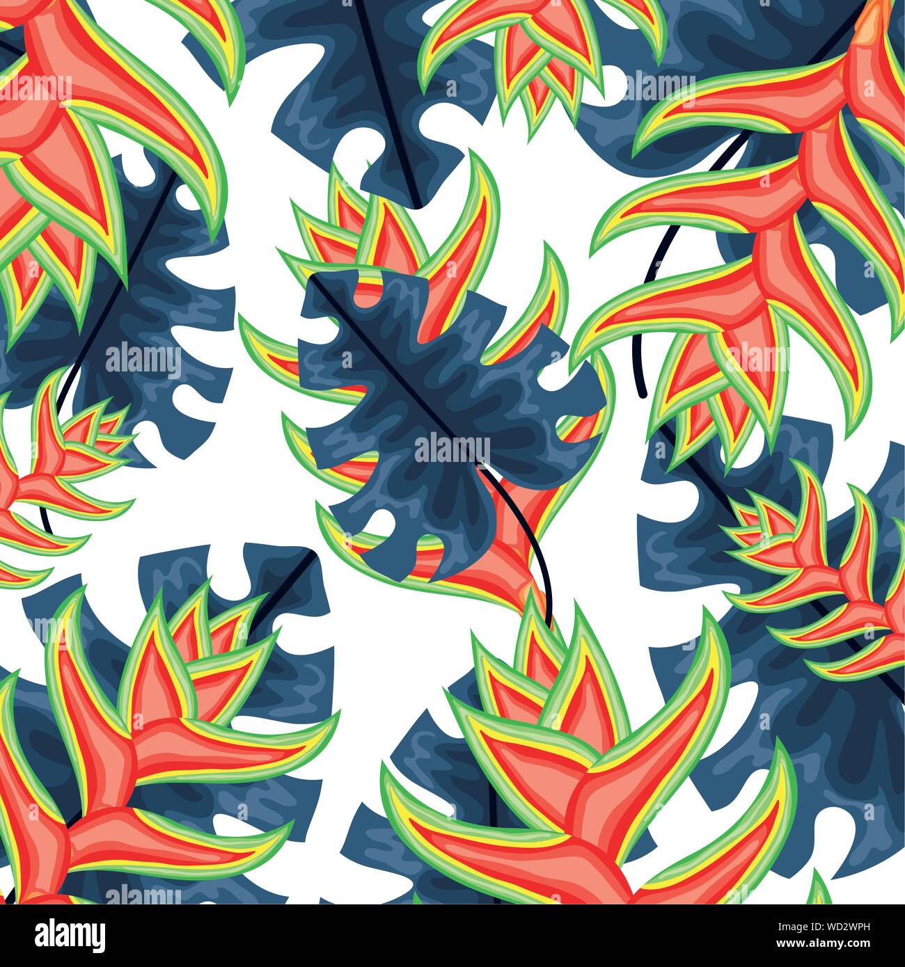 tropical beauty heliconias and leafs exotic plants pattern vector ...