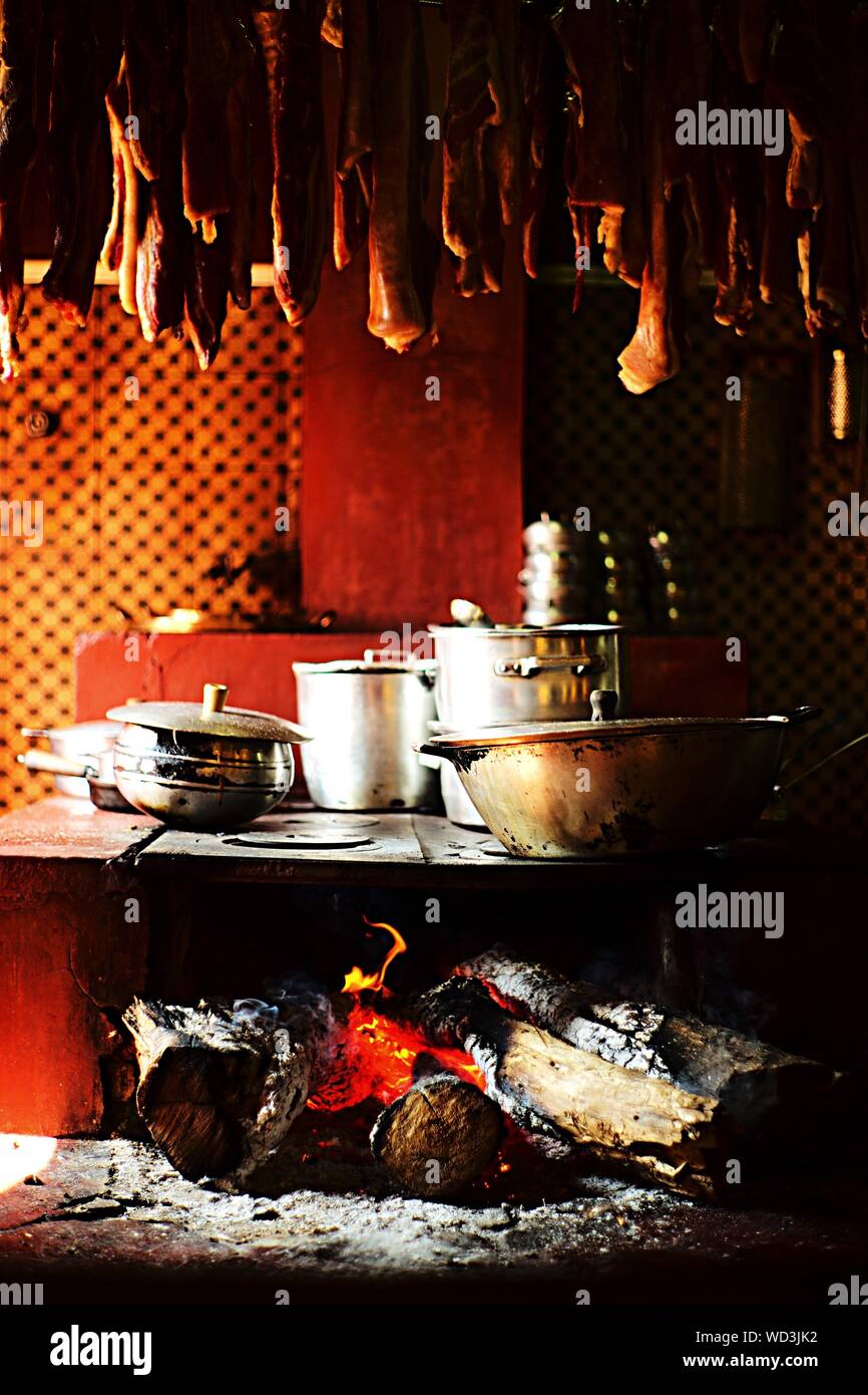 Meat Hanging Over Fireplace Stock Photo