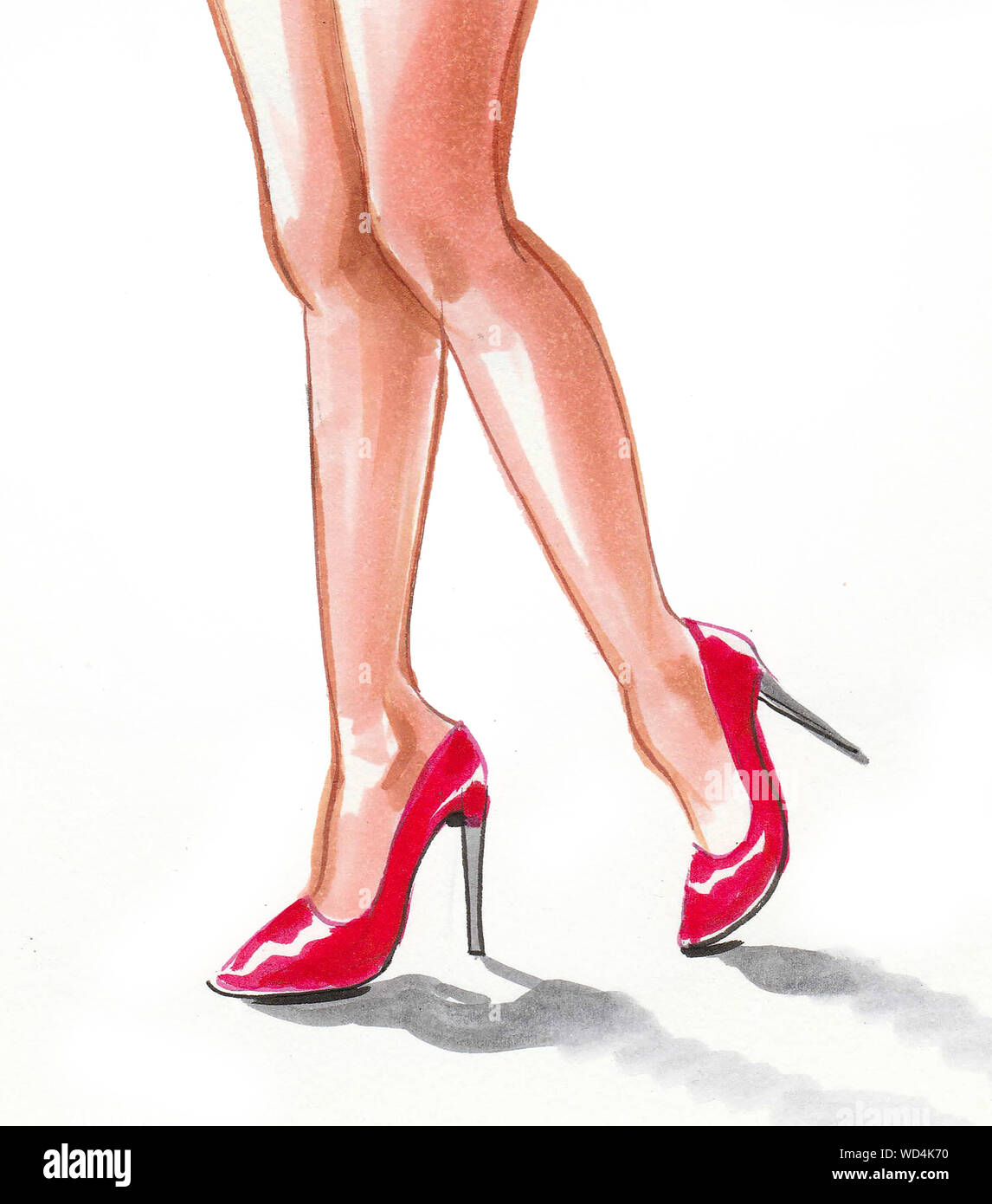 Pretty legs in high heel red shoes. Ink and watercolor illustration ...