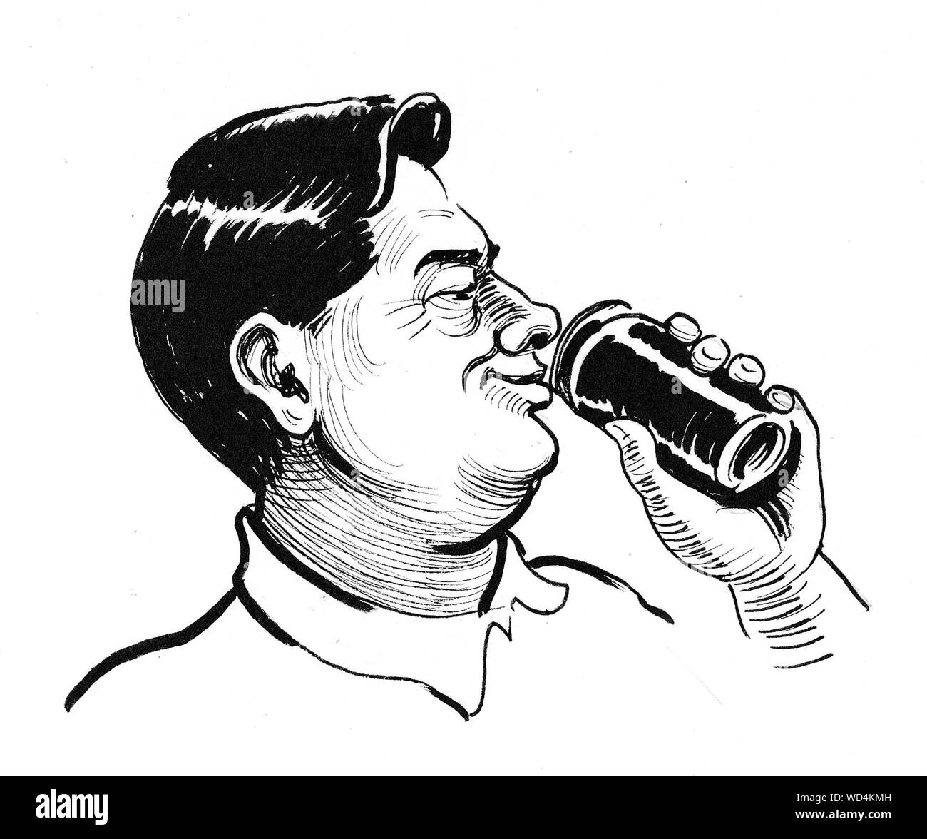 Man drinking beer from the can. Ink black and white drawing Stock Photo