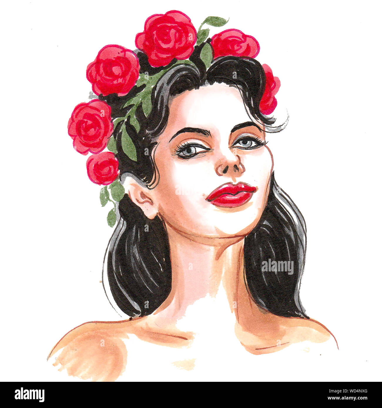 Beautiful woman with a wreath of red flowers. Ink and watercolor ...