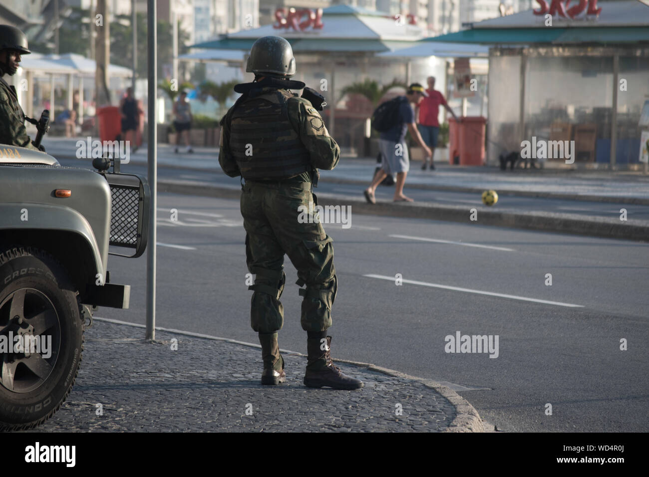 RIO DE JANEIRO, BRAZIL, may, 12, 2018:military intervention at copacabana beach, patrol of the brazilian army Stock Photo