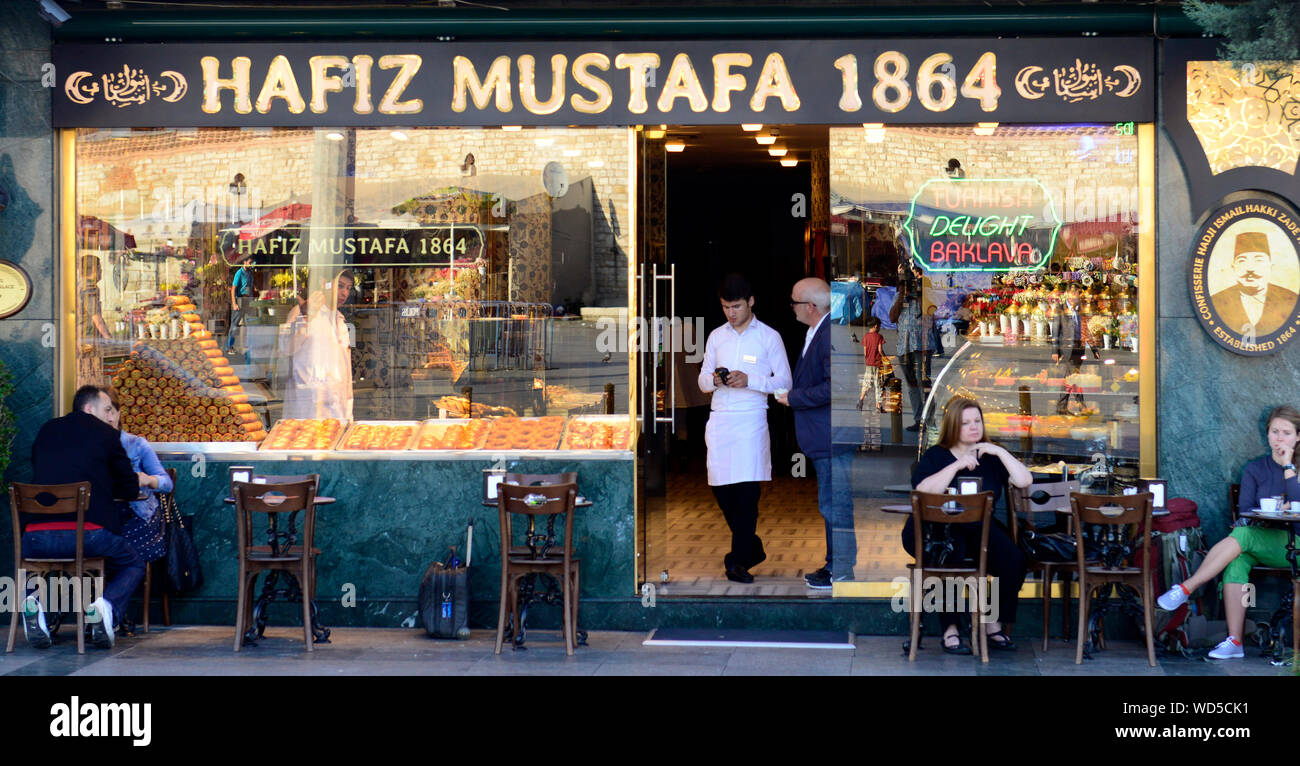 Traditional Turkish / Arabic sweets sold at the famous Hafiz Mustafa 1864 sweet shop by Taksim sq. in Istanbul. Stock Photo