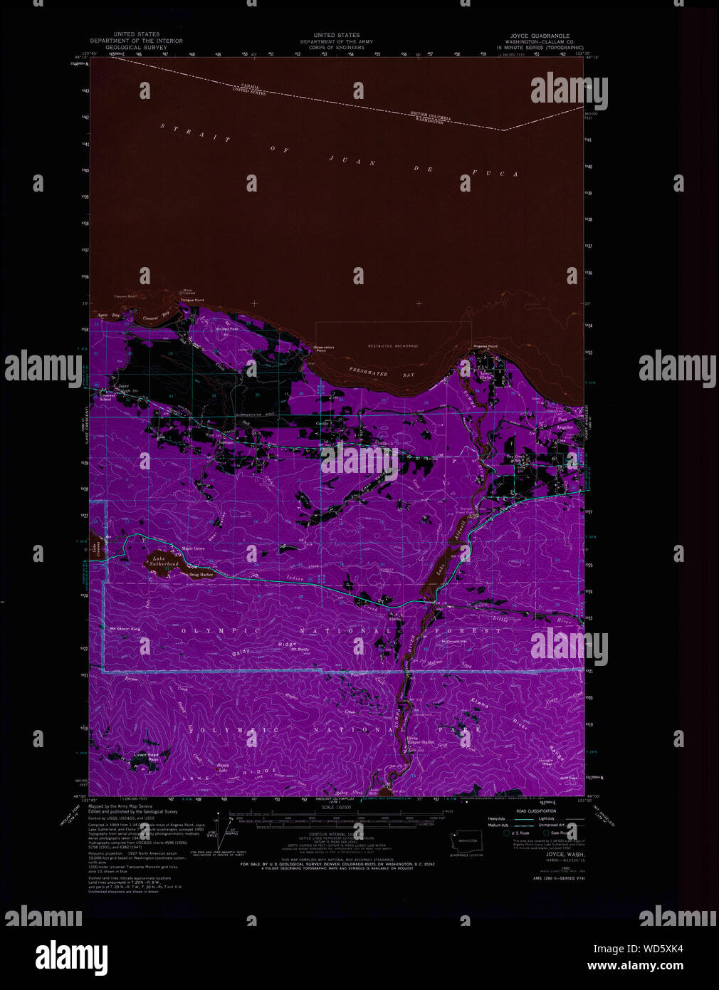 USGS Topo Map Washington State WA Joyce 241705 1950 62500 Inverted Restoration Stock Photo