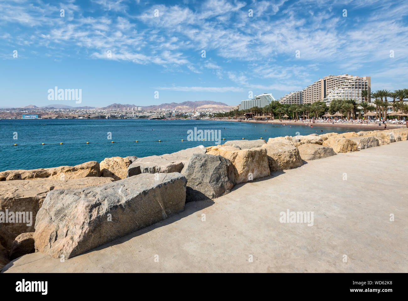 Eilat, Israel - November 7, 2017: The new harbor with the scenic stone pier is the best place to overlook the center of the beautiful resort of Eilat, Stock Photo