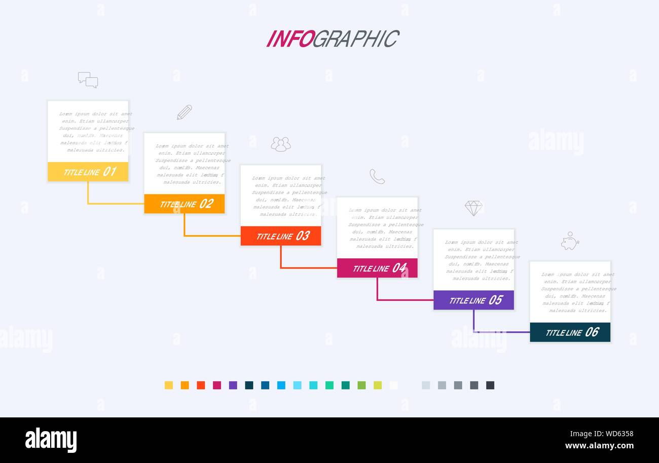 Timeline infographic design vector. 6 steps, graph workflow layout. Vector infographic timeline template. Stock Vector