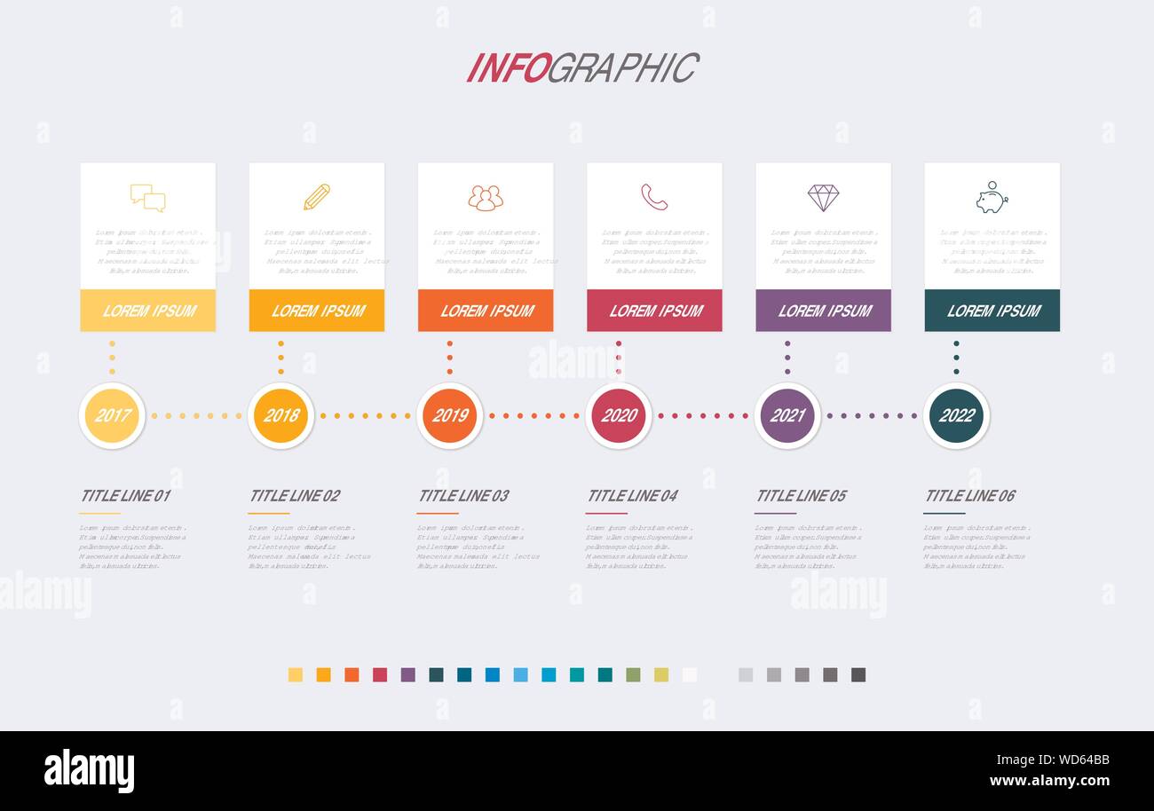 Colorful diagram, infographic template. Timeline with 6 options. Square workflow process for business. Vector design. Stock Vector