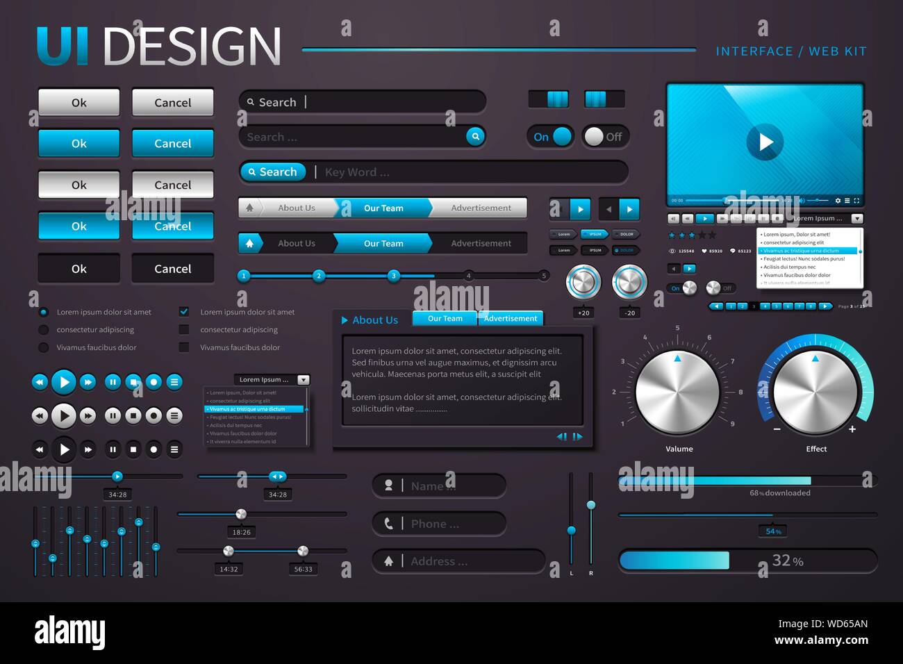 Cool UI design with different buttons in black and blue tone, 3d
