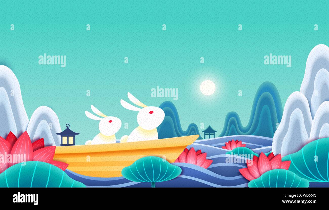 Rabbit admiring the full moon in Chinese lotus garden, Mid autumn festival illustration Stock Vector