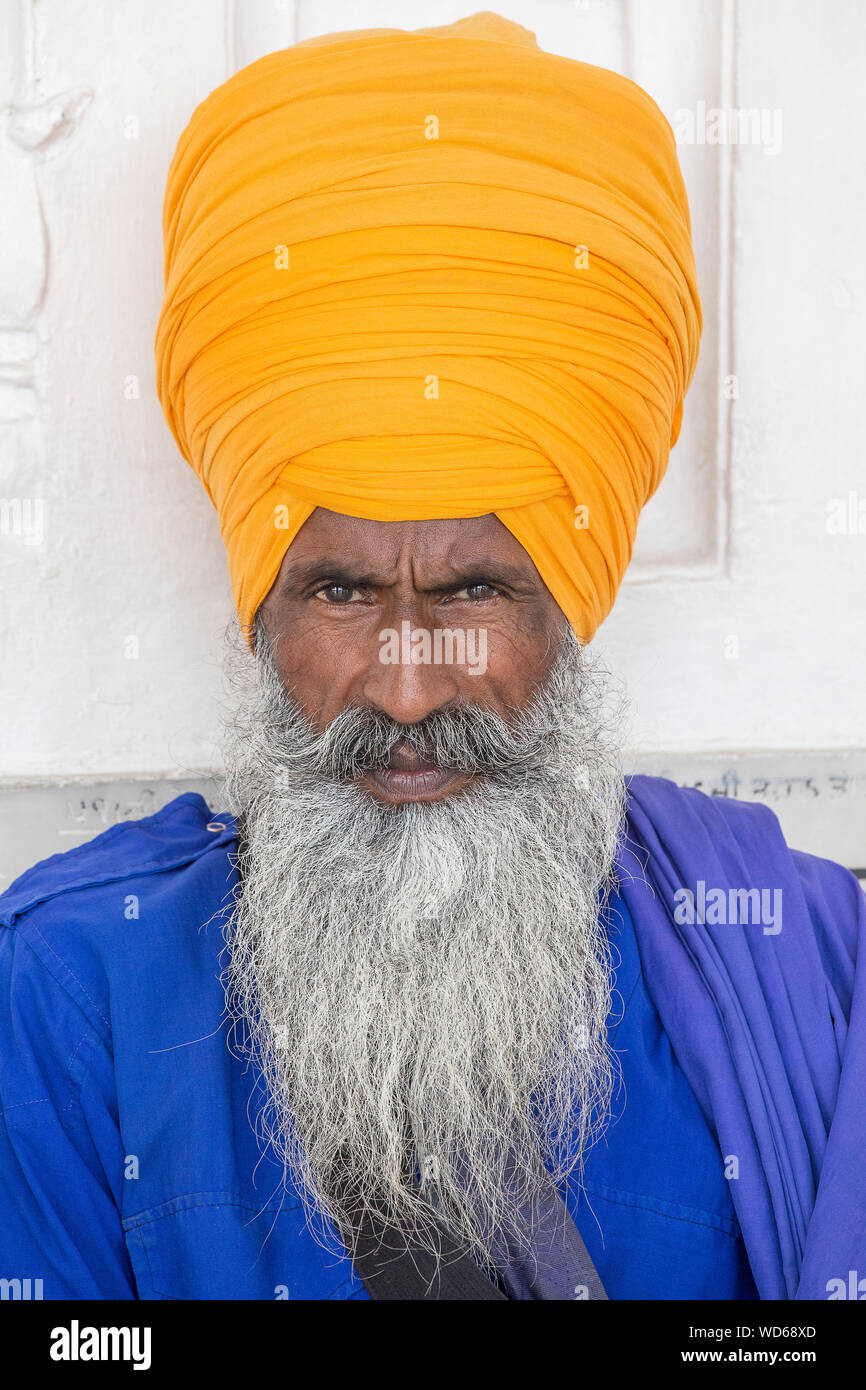 Portrait of Indian sikh man in orange turban with bushy beard. Amritsar, India. Close up Stock Photo