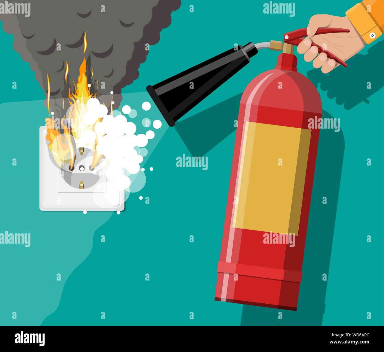 Electrical outlet on fire. Overload of network. Stock Vector