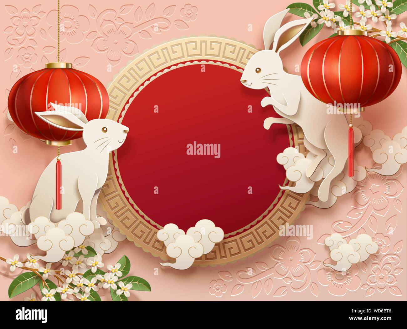 Happy mid autumn festival design with rabbits and red lanterns on pink ...