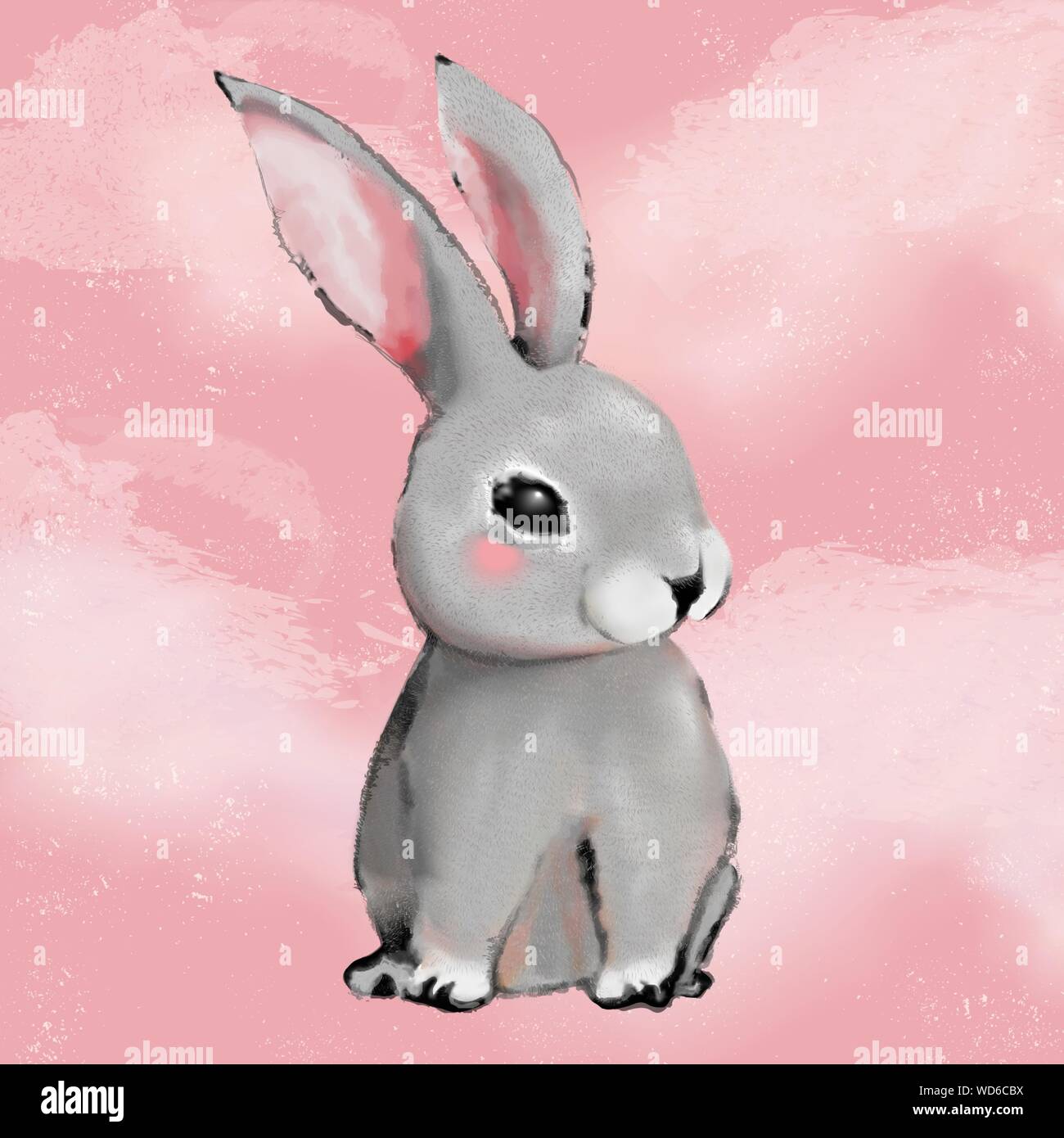 Grey fluffy cute rabbit on pink water color texture background ...