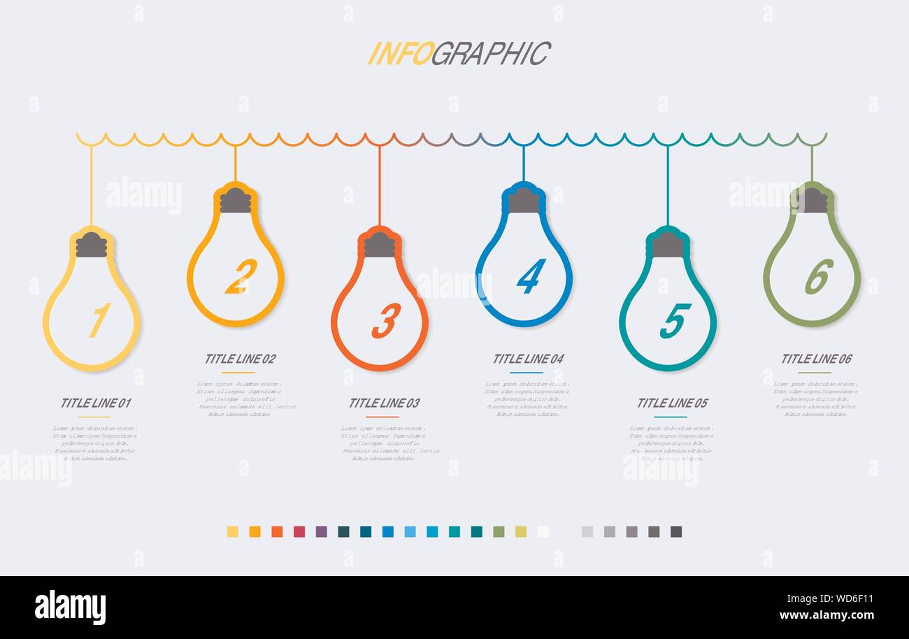 Light bulbs infographic template. 6 steps bulbs design with beautiful colors. Vector timeline elements for presentations. Stock Vector